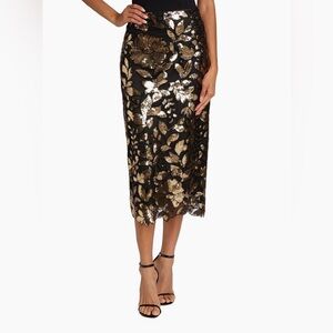 NWT - Elie Tahari Heritage Black and Gold Sequin Midi Skirt - Size 8